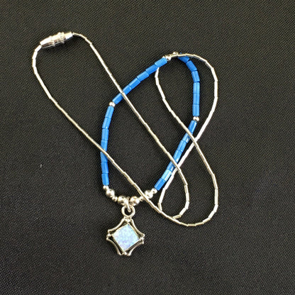 Girls Opal Pendant Lapis Beads Sterling Silver Necklace 15" 10124