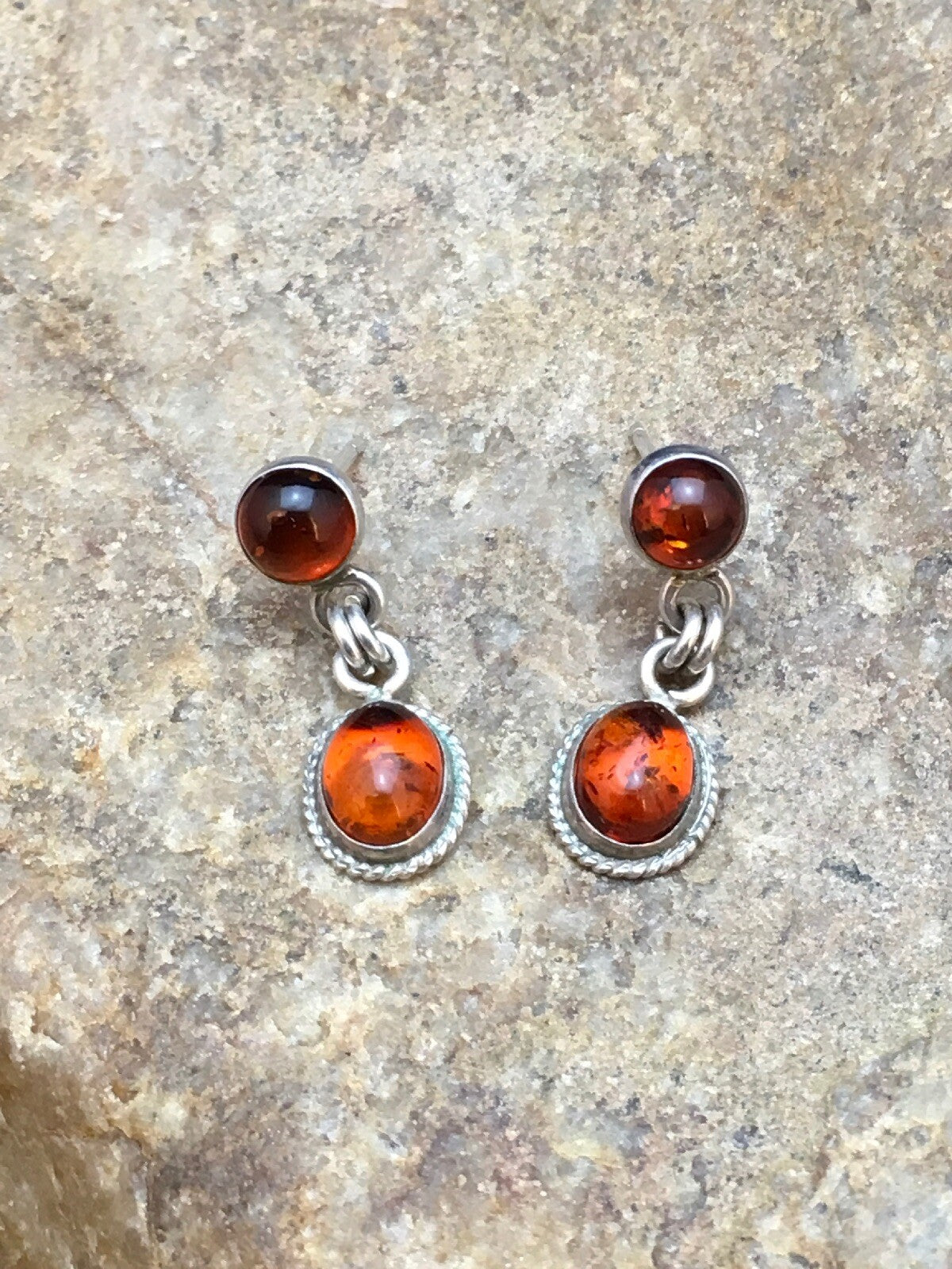Native American Navajo Sterling Silver Gold Amber Dangle Earrings 13104