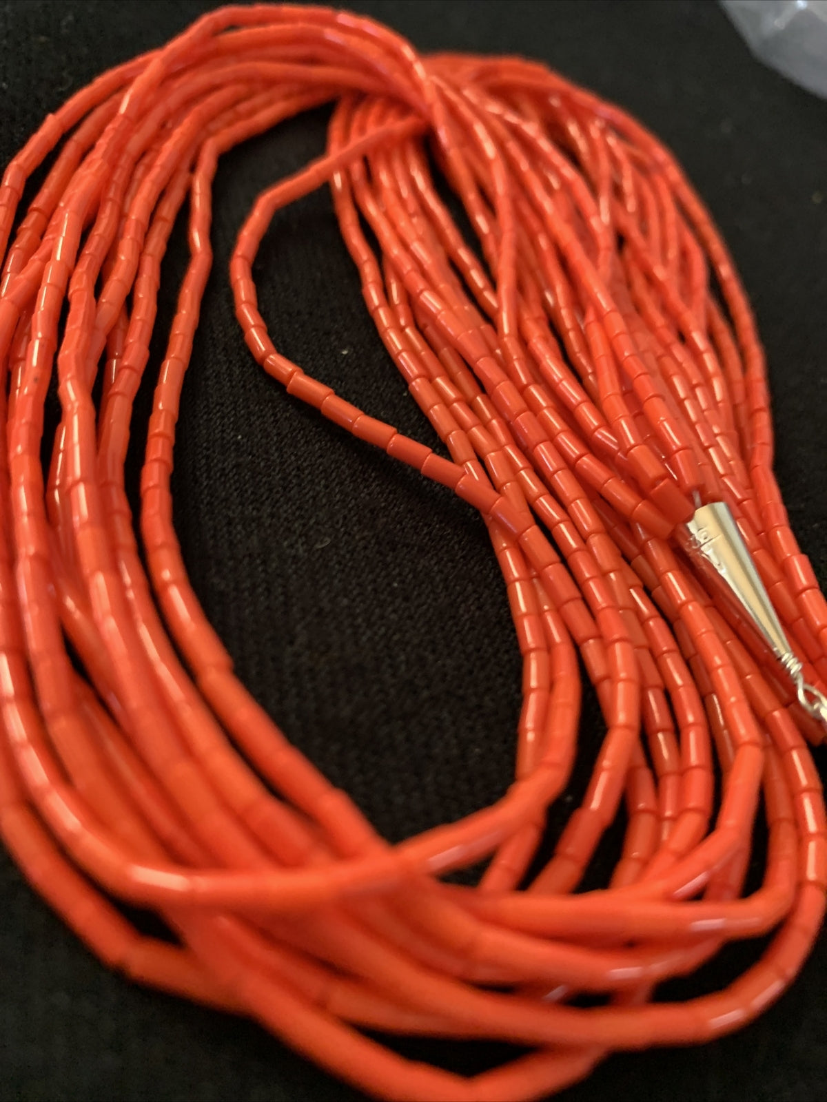 Red Coral Stabilized Heishi 10 Strands Sterling Silver Necklace 20” 14817