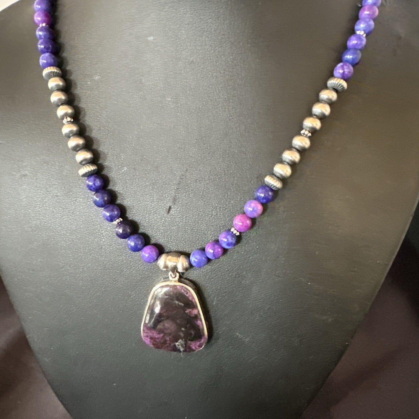 Purple Stone Pendant Navajo Pearls Sterling Silver Necklace 23" 17890