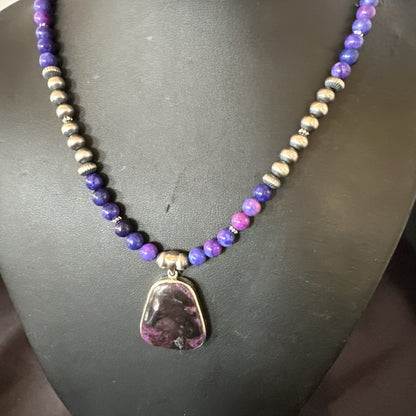 Purple Stone Pendant Navajo Pearls Sterling Silver Necklace 23" 17890