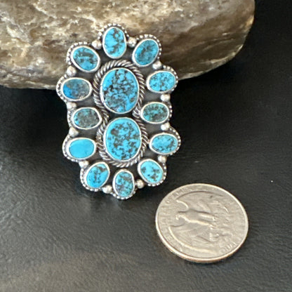 Navajo Cluster Blue Kingman Turquoise Sterling Silver Adjustable Ring Sz 7 18794