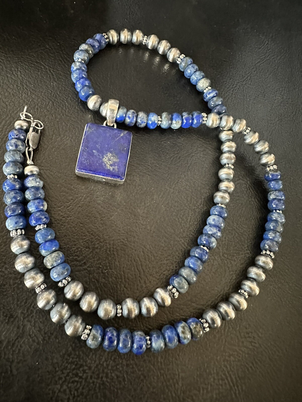 Mens Womens Blue Lapis Navajo Sterling Silver Cluster Pendant Necklace 21” 18341