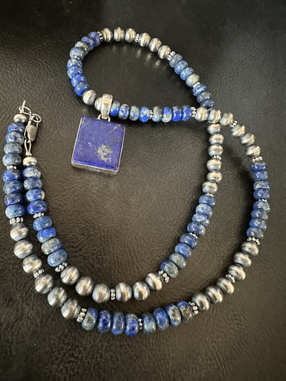Mens Womens Blue Lapis Navajo Sterling Silver Cluster Pendant Necklace 21” 18341