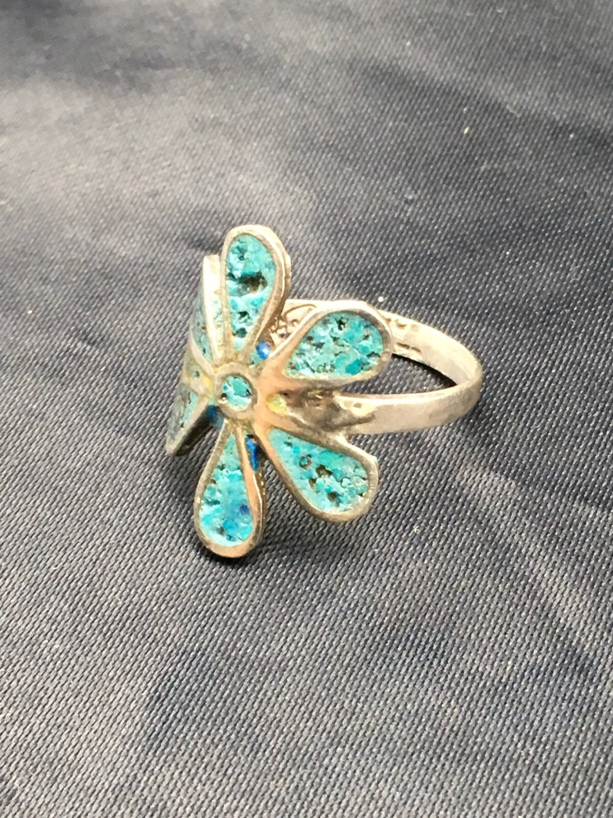 Navajo Blue Turquoise Flower Ring Sterling Silver 6.75 03076