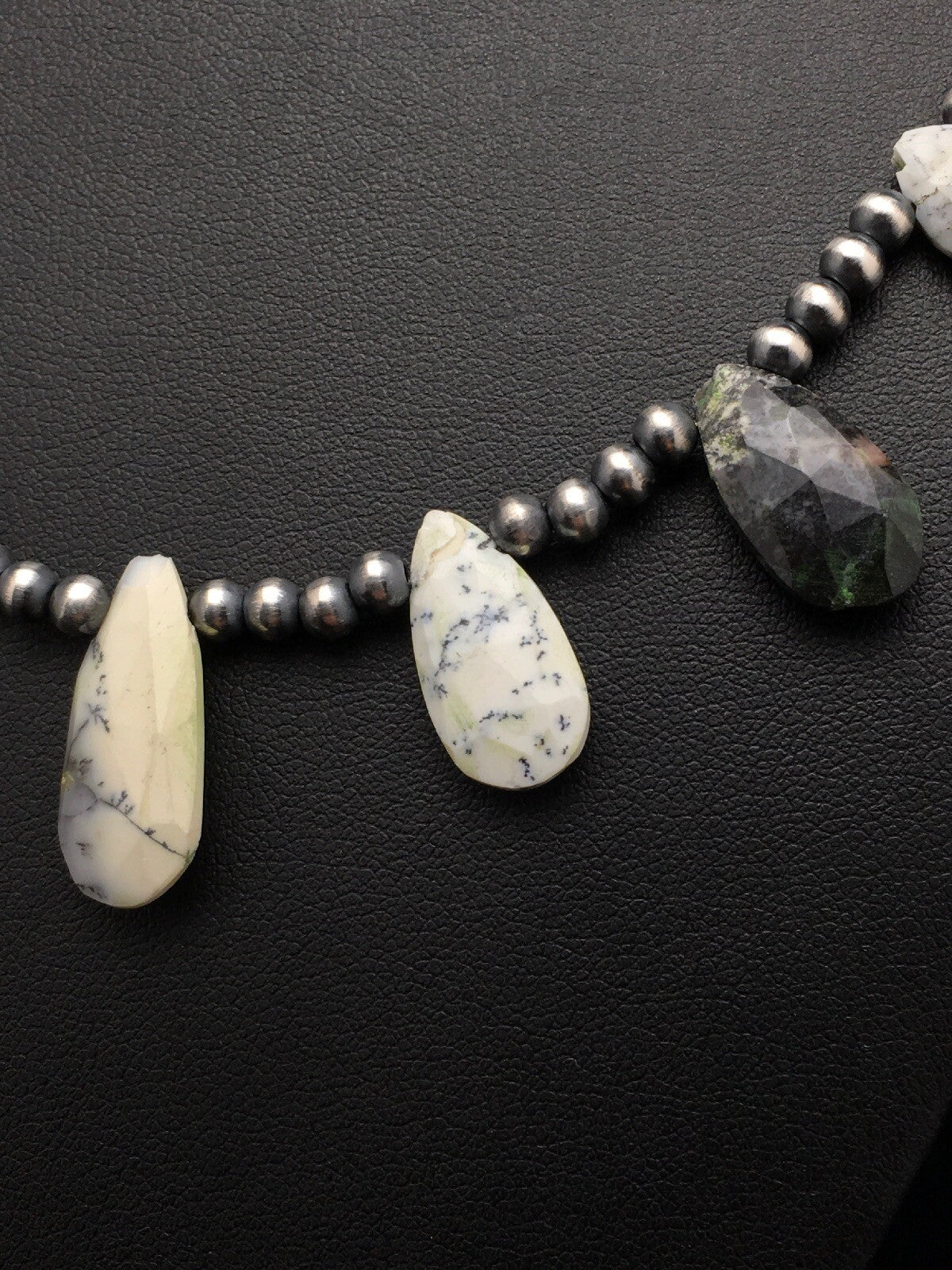 Black Rutile & Opal Pear Shaped Navajo Pearls Sterling Silver Necklace 4092