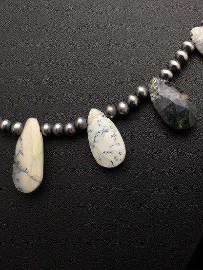 Black Rutile & Opal Pear Shaped Navajo Pearls Sterling Silver Necklace 4092