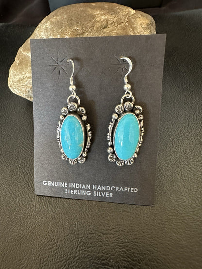 Handmade Blue Turquoise Sterling Silver Navajo Dangle Earrings Yazzie 19536