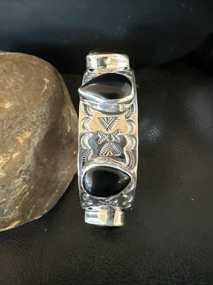 Mens Womens Navajo Sterling Silver Black Onyx Cluster Cuff Bracelet 7.5" 19433