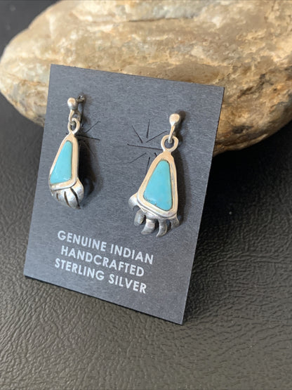 Turquoise BearPaw Inlay Navajo Sterling Silver Dangle Post Earrings 0.50" 12743