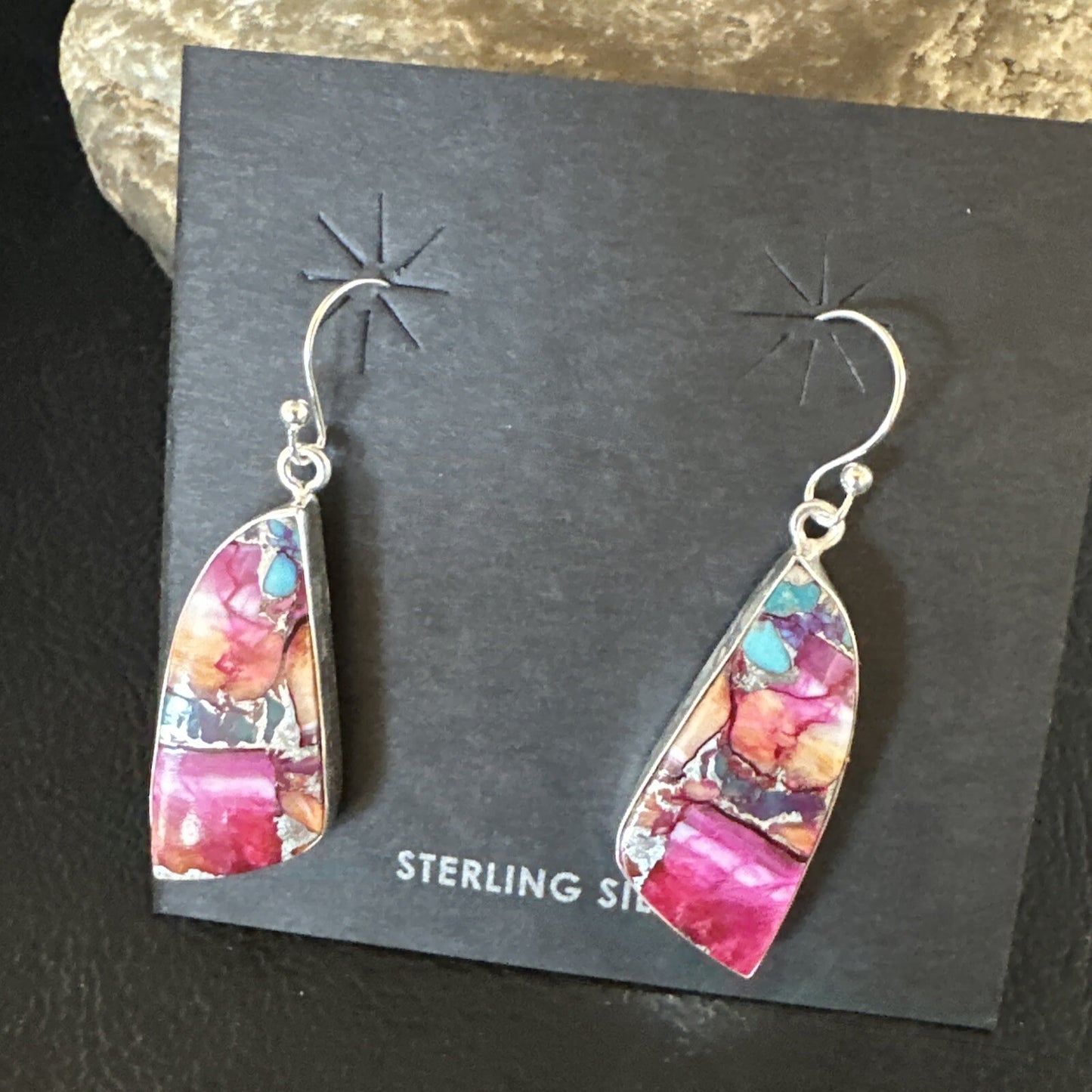 Blue Turquoise Purple Spiny Oyster Inlay Sterling Silver Dangle Earrings 15565