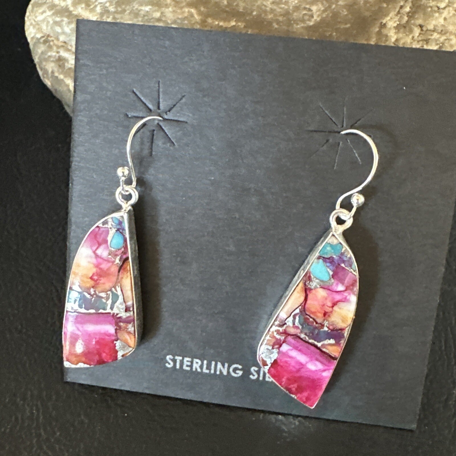 Blue Turquoise Purple Spiny Oyster Inlay Sterling Silver Dangle Earrings 15565