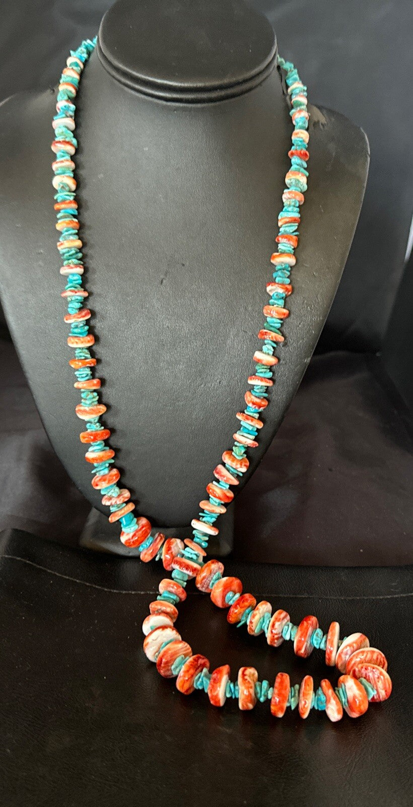 XL Red Spiny Oyster Blue Turquoise Navajo Sterling Silver Necklace 35" 18266