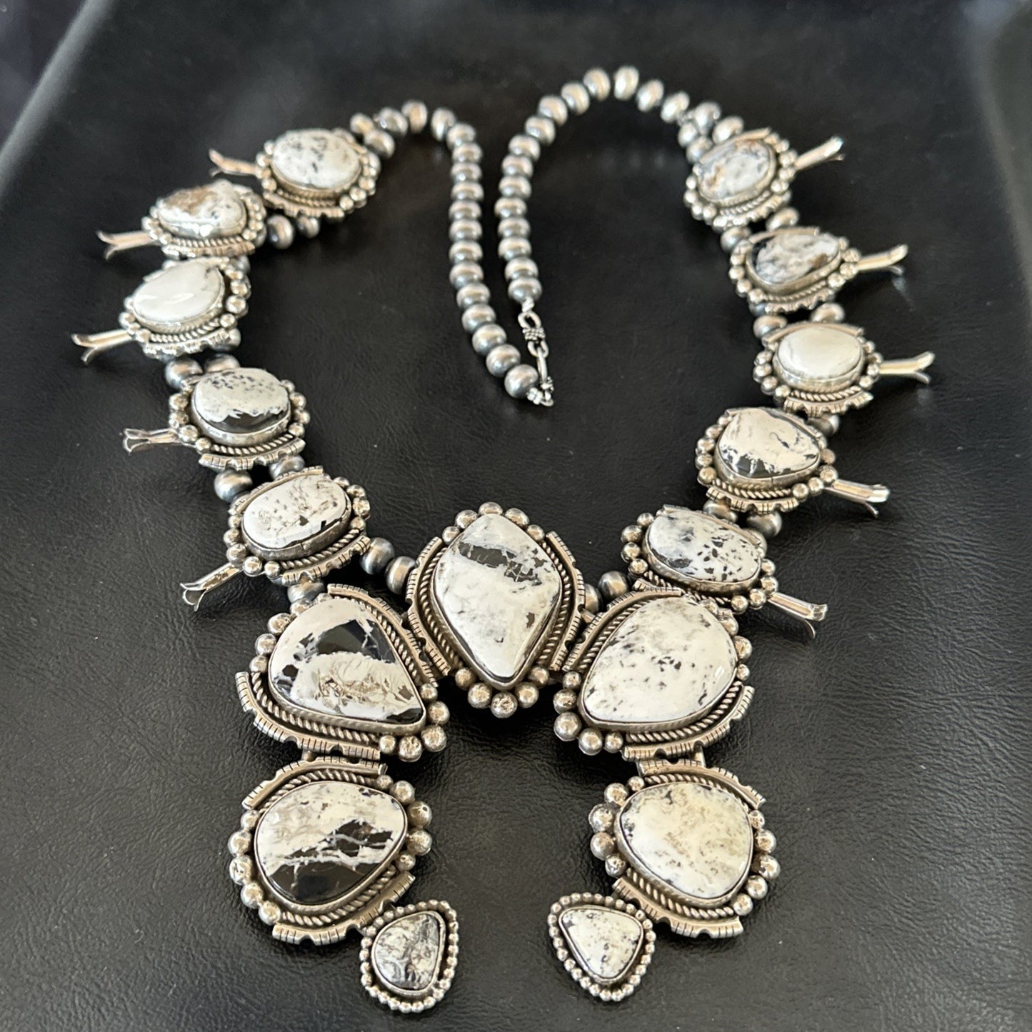 White Buffalo Turquoise Pendant Navajo Sterling Silver Squash Necklace 19305