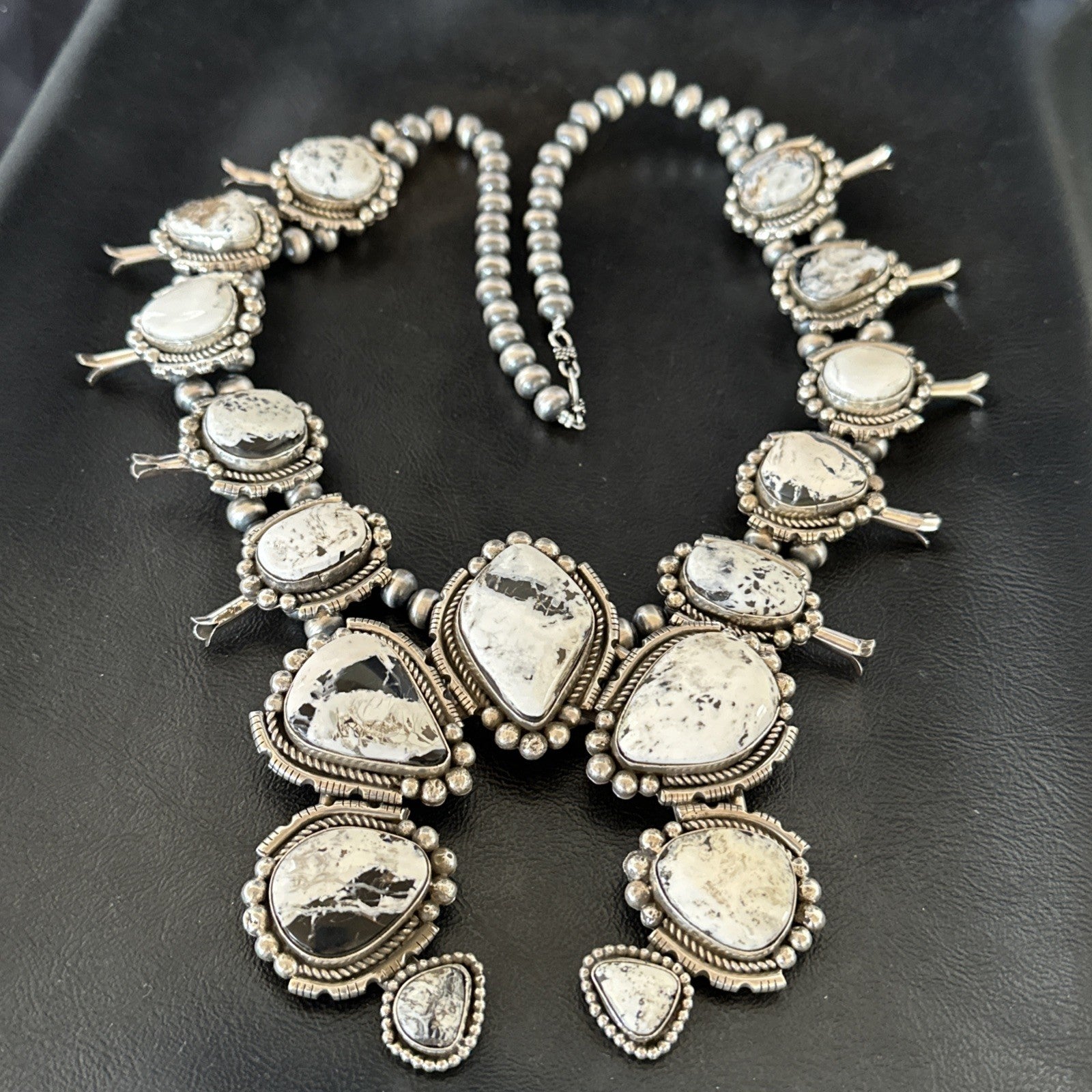 White Buffalo Turquoise Pendant Navajo Sterling Silver Squash Necklace 19305