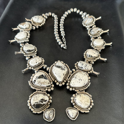 White Buffalo Turquoise Pendant Navajo Sterling Silver Squash Necklace 19305