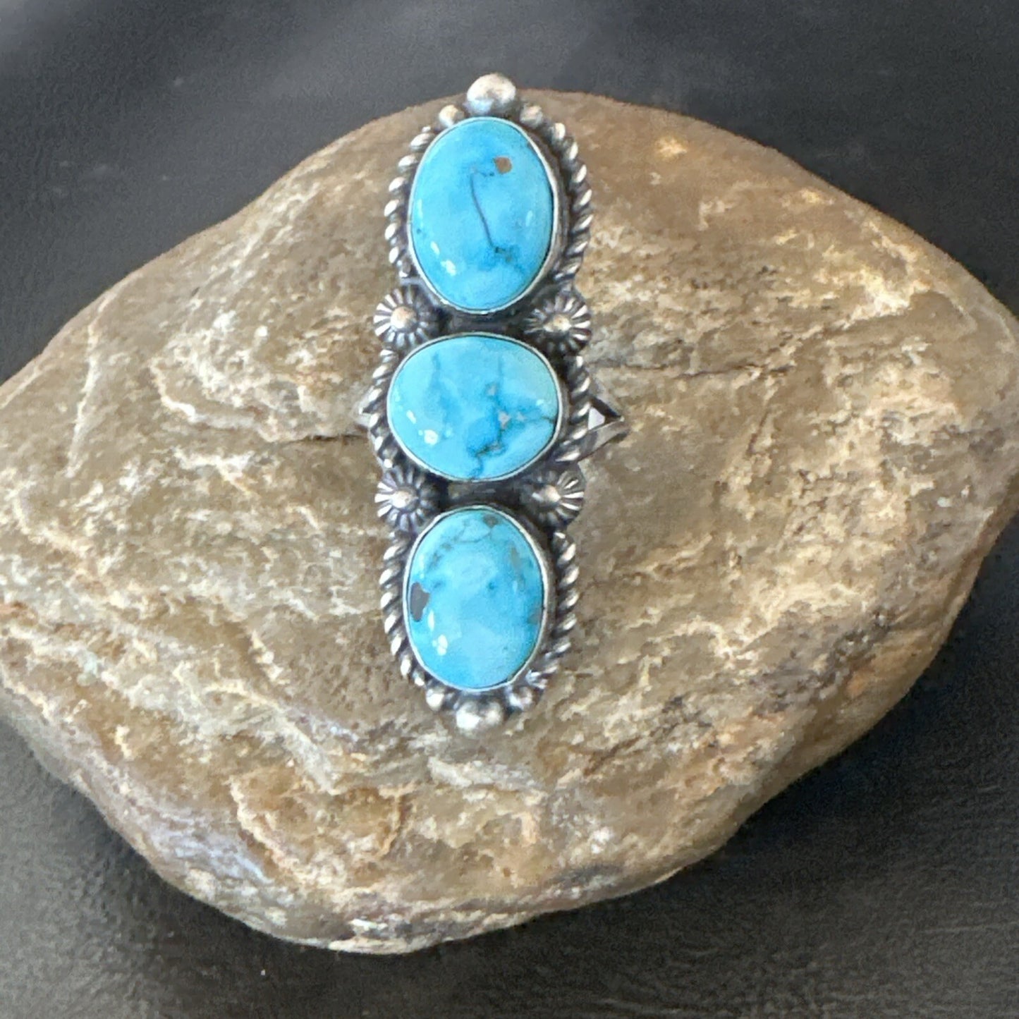 Navajo Sterling Silver Cluster Blue Turquoise 3 Stone Ring Sz 8 18597