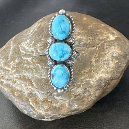 Navajo Sterling Silver Cluster Blue Turquoise 3 Stone Ring Sz 8 18597