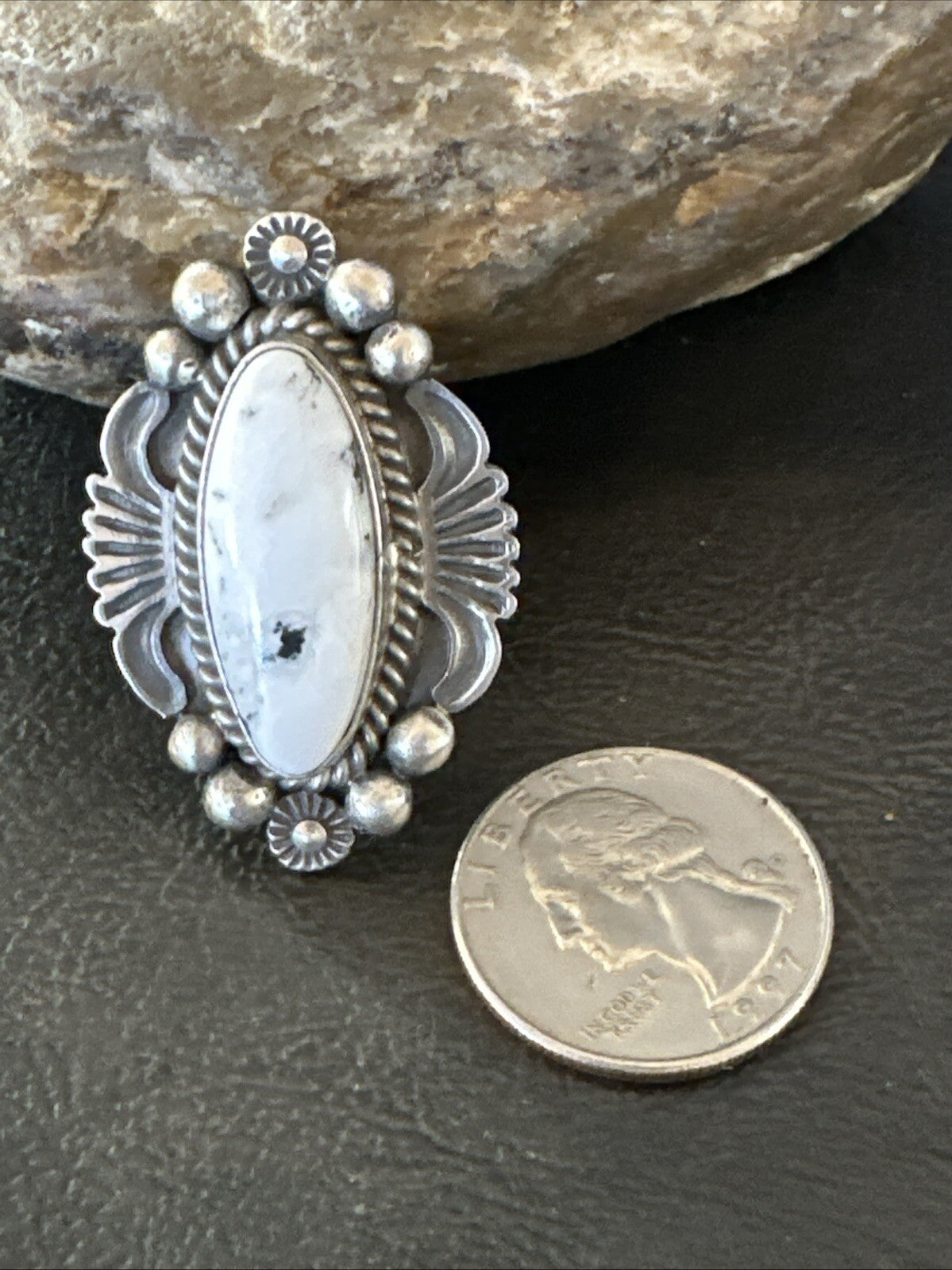 Womens White Buffalo Turquoise Navajo Sterling Silver Ring Size 7 18625