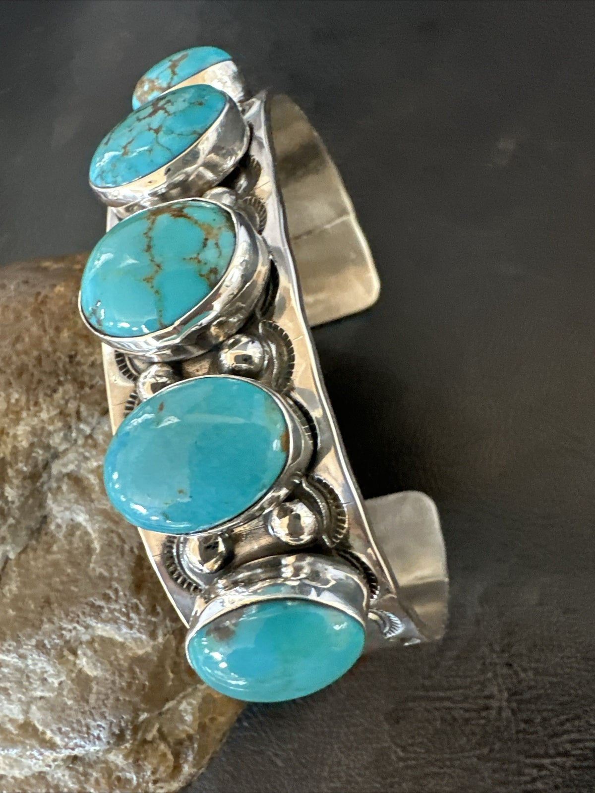 XL Blue Kingman Turquoise 5 Stone Navajo Sterling Silver Cuff Bracelet 18021