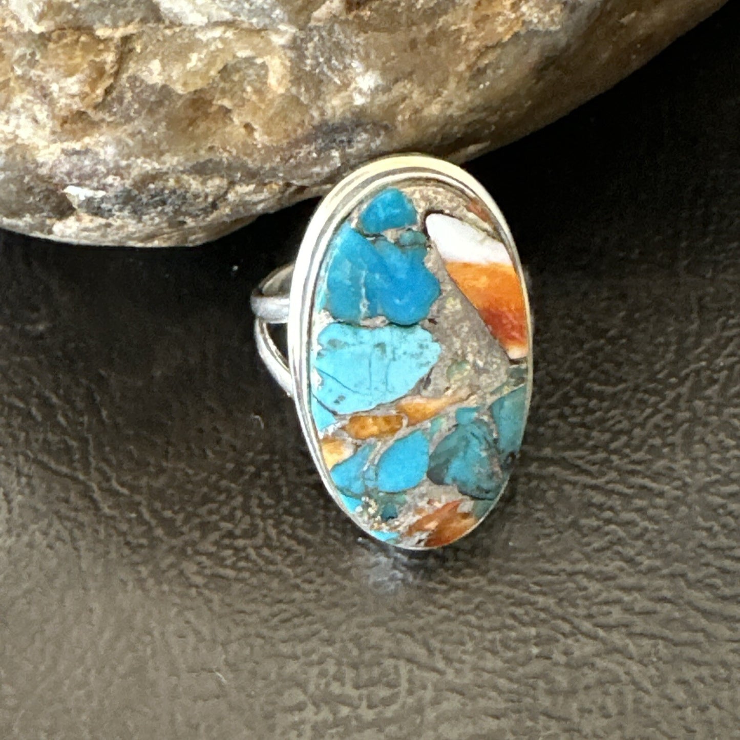 Blue Turquoise Spiny Oyster Southwestern Sterling Silver Ring Size 7 18444
