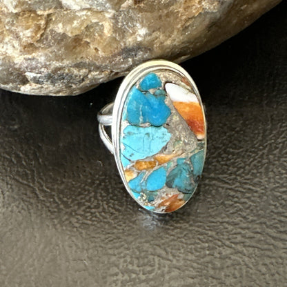 Blue Turquoise Spiny Oyster Southwestern Sterling Silver Ring Size 7 18444