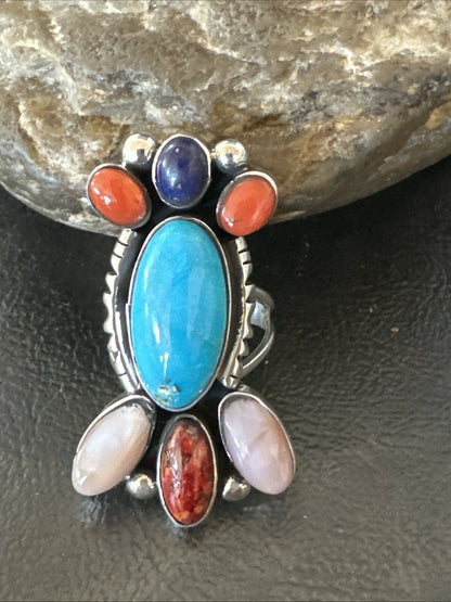 Cluster Blue Turquoise Spiny Oyster Onyx Sterling Silver Ring Size 8 18564