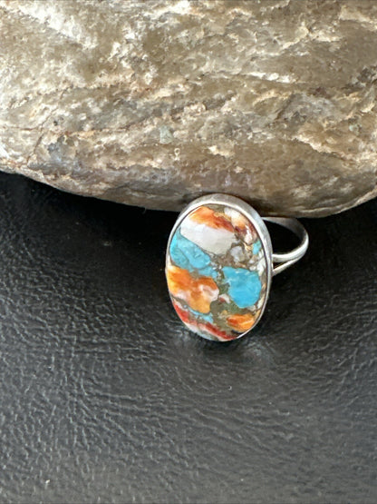 Blue Turquoise Orange Spiny Oyster Navajo Sterling Silver Ring Size 10 18207