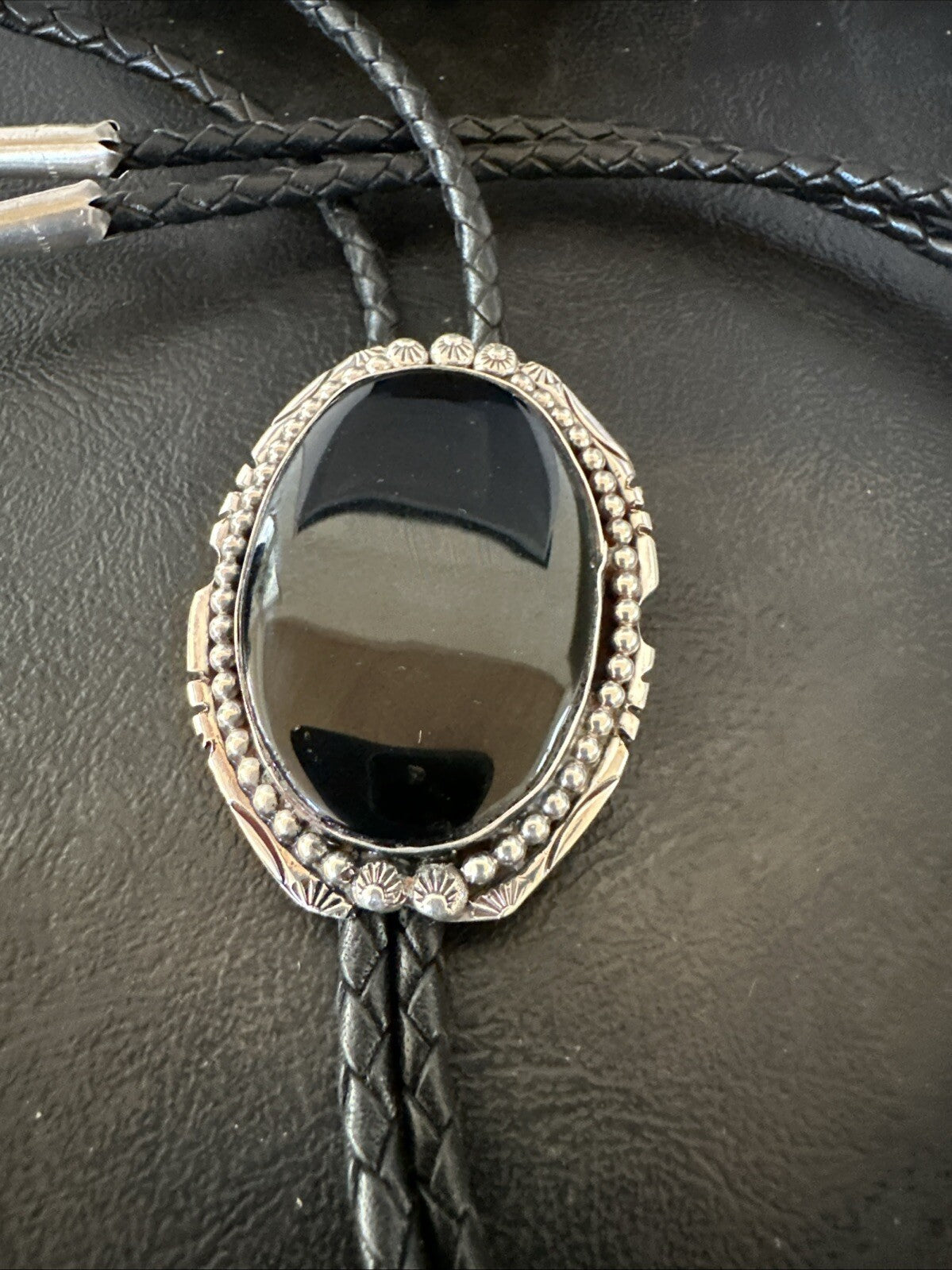 Mens Black Onyx Navajo Sterling Silver Bolo Tie 18663