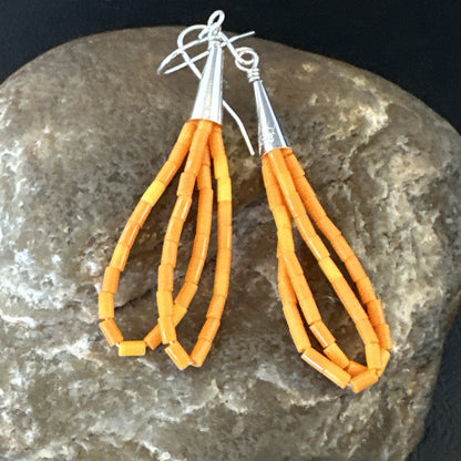 Orange Beads 2 Strands Heishi Liquid Sterling Silver Dangle Earrings 2" 18178