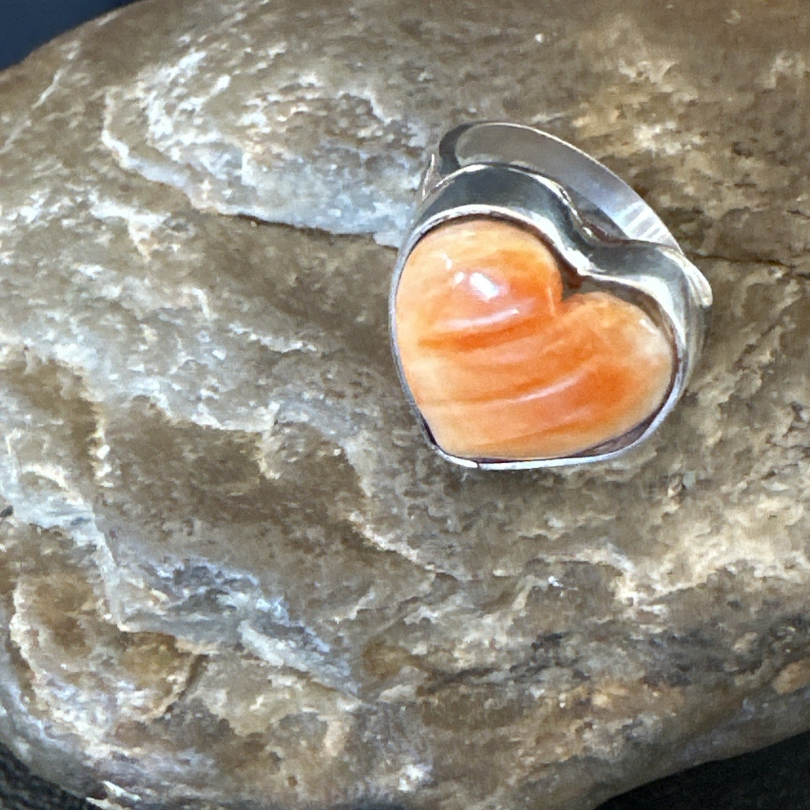 Orange Heart Ring Handmade Navajo Spiny Oyster Sterling Silver Sz 8 19326