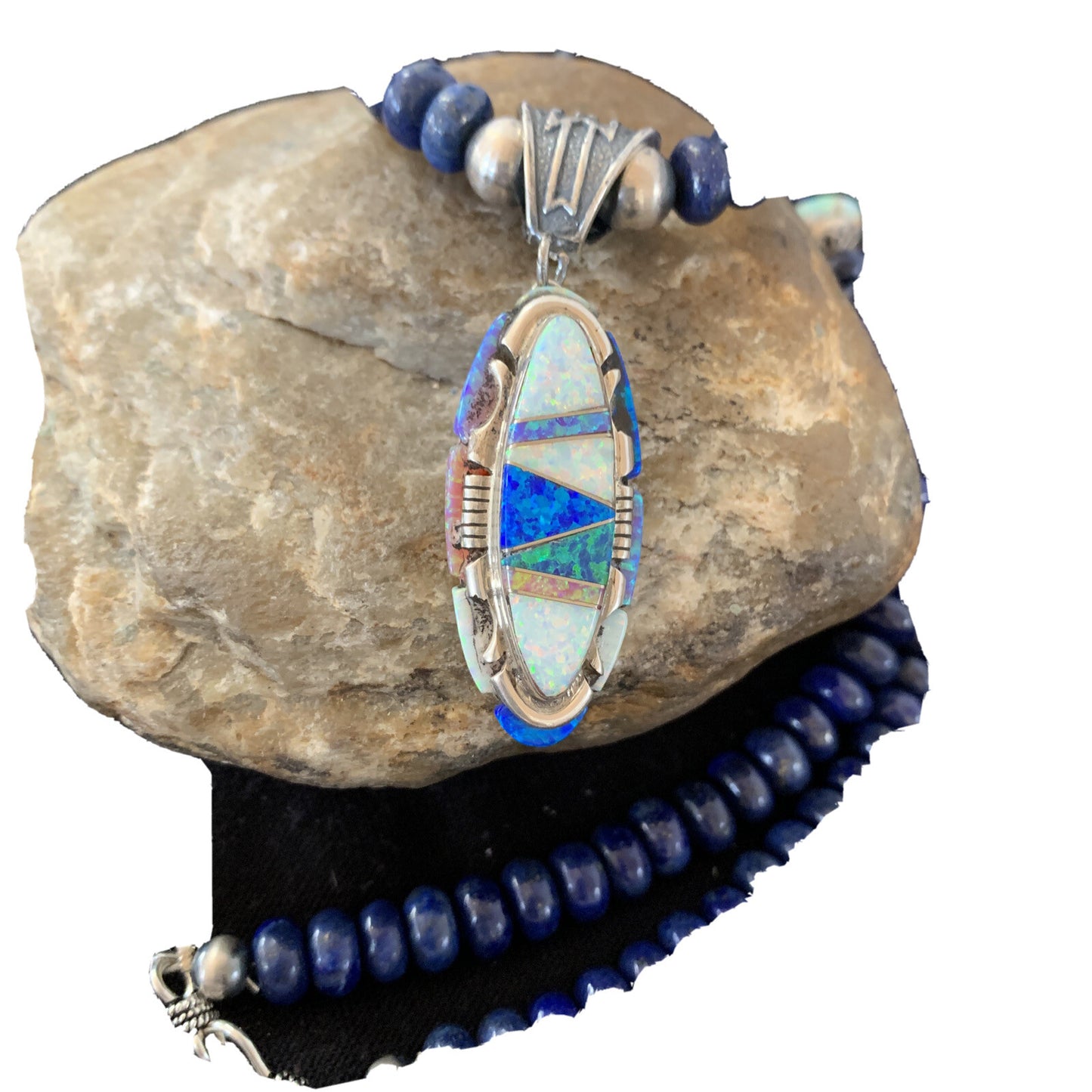 Navajo Sterling Silver Necklace Lapis Opal Pendant Native American 19491