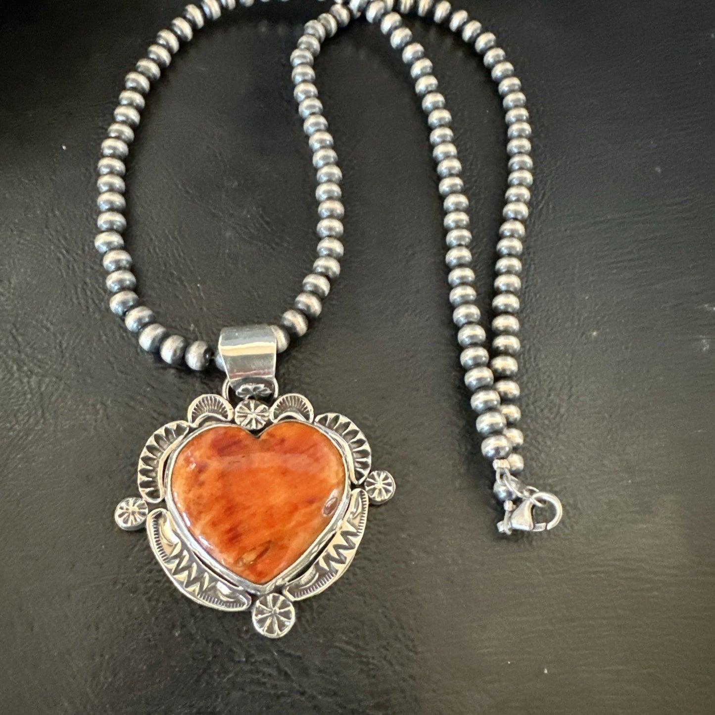 H Joe Orange Spiny Oyster Heart Pendant Navajo Sterling Silver Necklace 19482