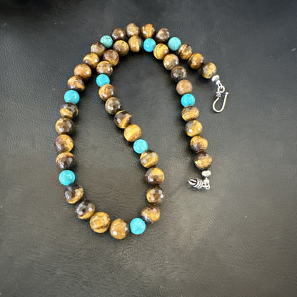 WoMens Tiger Eye Blue Turquoise  Sterling Silver Beads Necklace 19” 18169