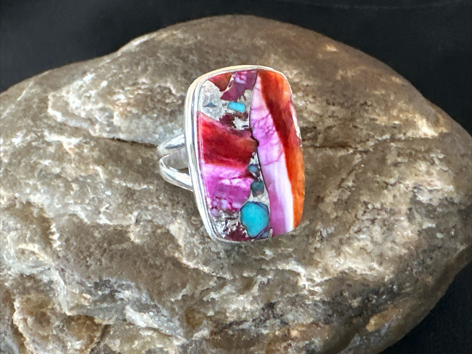 Blue Turquoise Spiny Oyster Southwestern Sterling Silver Ring Size 8 18487