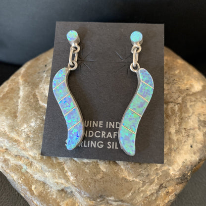 Womens Blue Opal Inlay Navajo Sterling Silver Dangle Post Earrings 12774