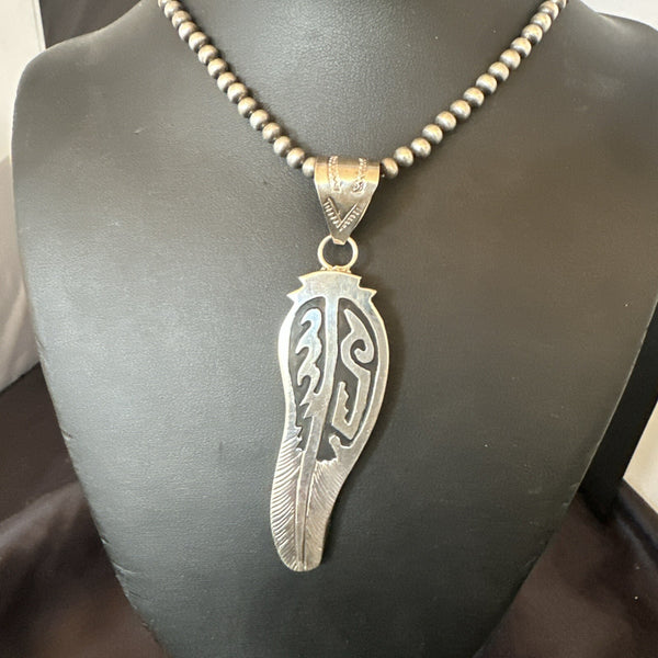 Men's Feather Navajo Necklace Pendant | Sterling Silver | Authentic Native American Handmade | 18578