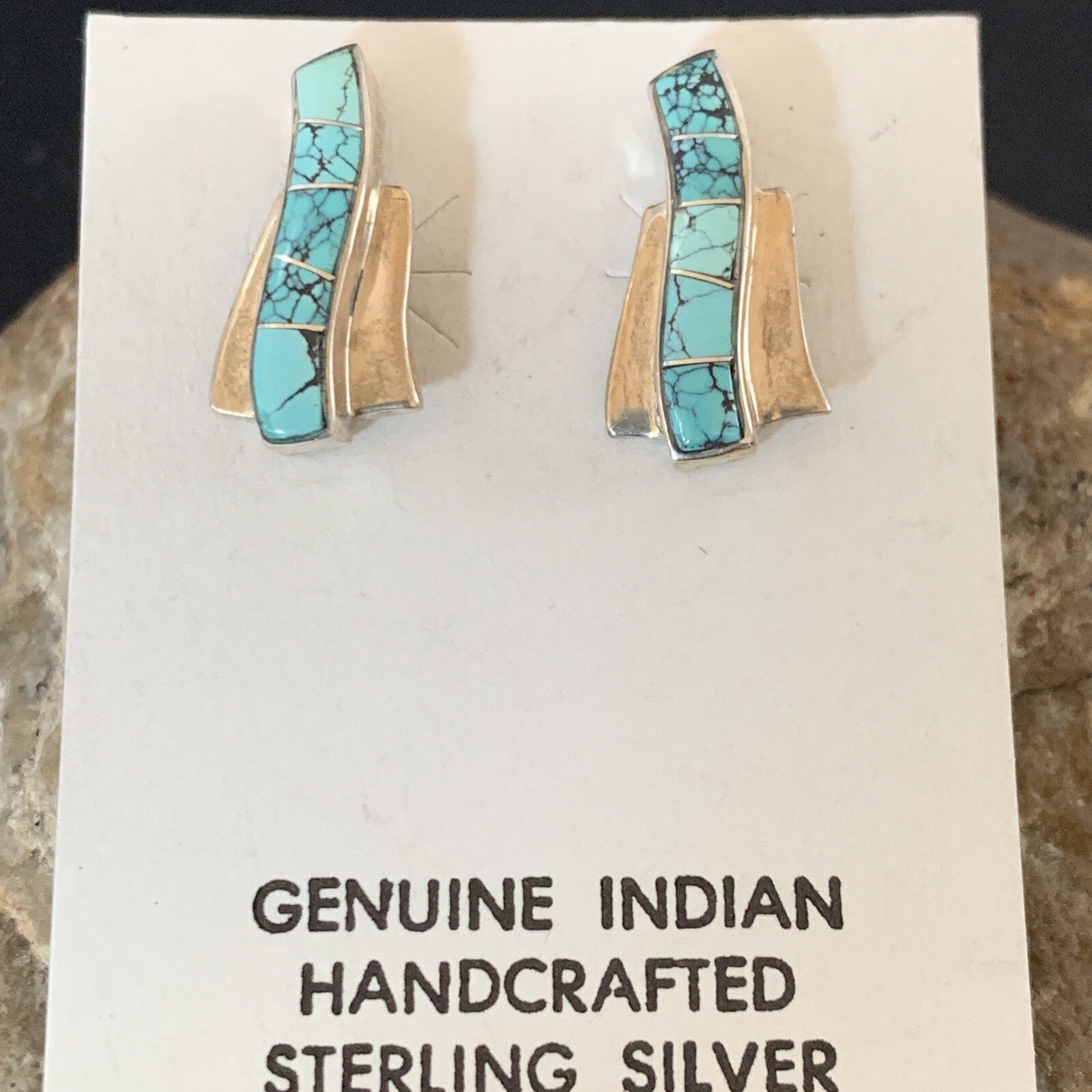Womens Blue Spider Web Turquoise Navajo Sterling Silver Inlay Earrings 12899