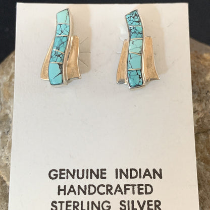 Womens Blue Spider Web Turquoise Navajo Sterling Silver Inlay Earrings 12899
