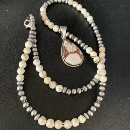 Navajo Pearls Sterling Silver Wild Crazy Horse Turquoise Necklace Pendant 13905