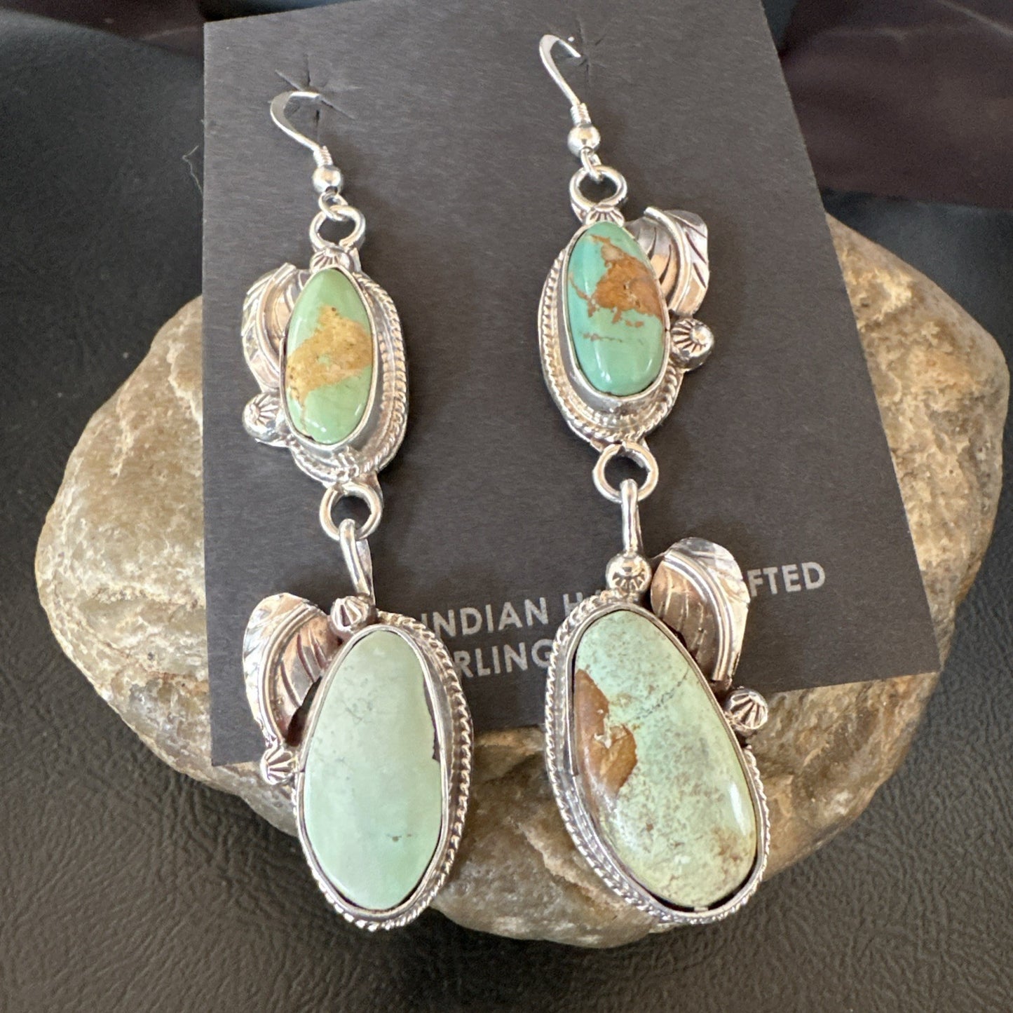 Green Royston Turquoise Navajo Sterling Silver Dangle Earrings 19603