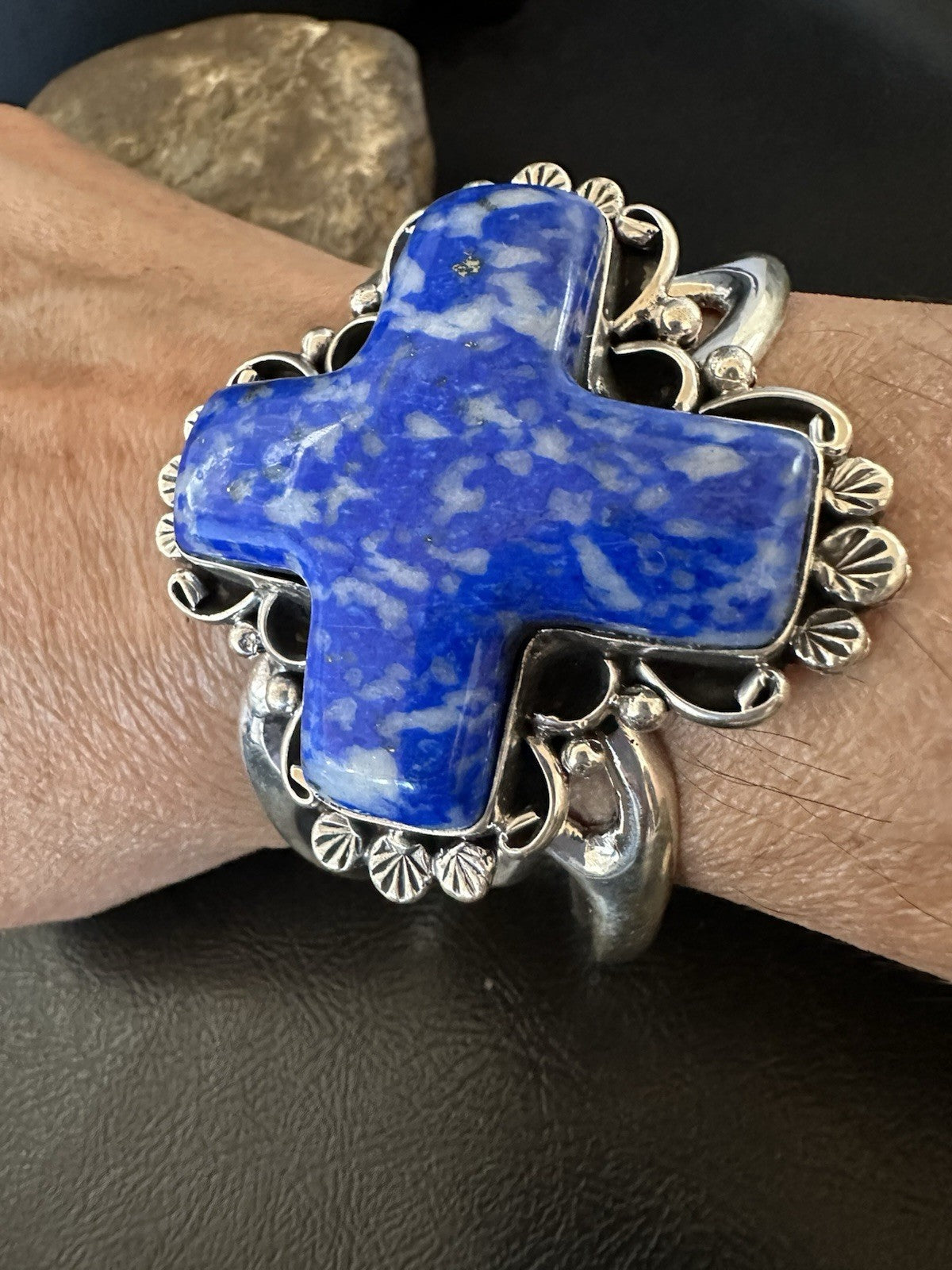 Mens WoMens Tufa Denim Lapis Navajo Sterling Silver Cuff Bracelet 7.7" 19454