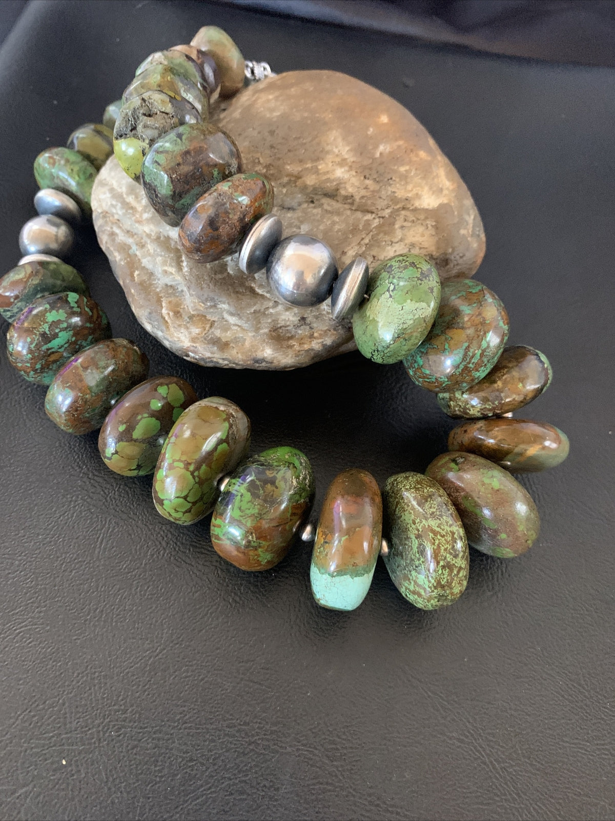 Green Natural Turquoise Chunky Graduated Navajo Sterling Silver Necklace 11765
