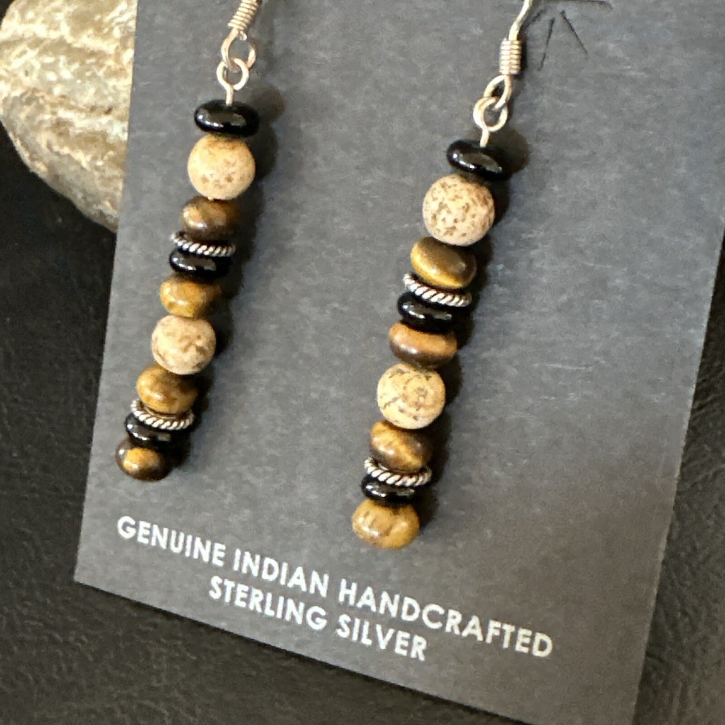 Navajo Sterling Silver Tigers Eye Picture Jasper Onyx Dangle Earrings 18721