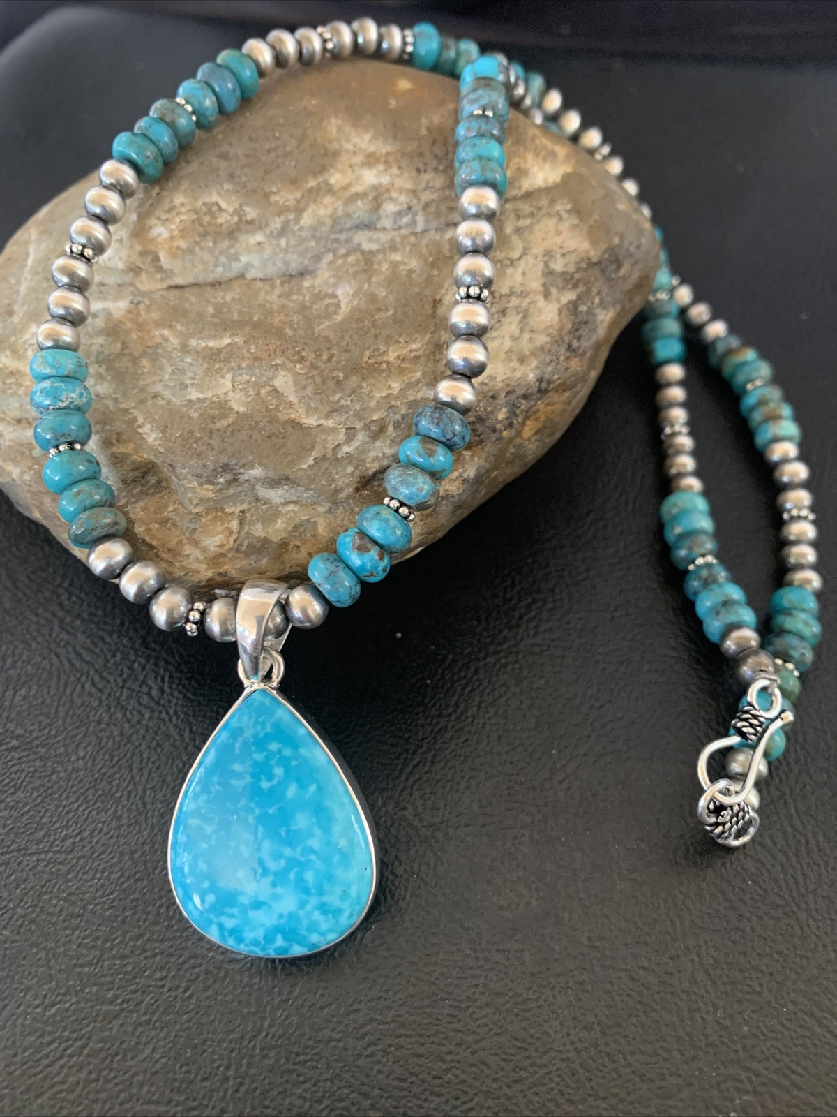 Womens Blue Kingman Turquoise Sterling Silver Beads Necklace Pendant 11692