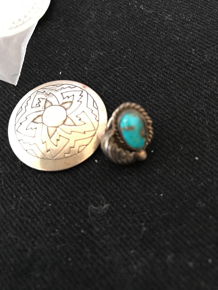 Native Turquoise Feather Tie Tag Sterling Silver Old Pawn Pin Ithaca 08013