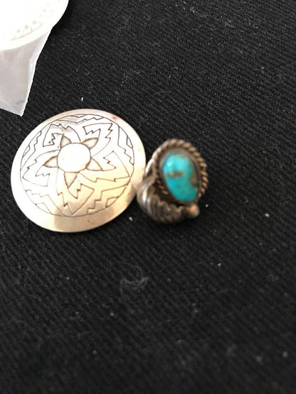 Native Turquoise Feather Tie Tag Sterling Silver Old Pawn Pin Ithaca 08013