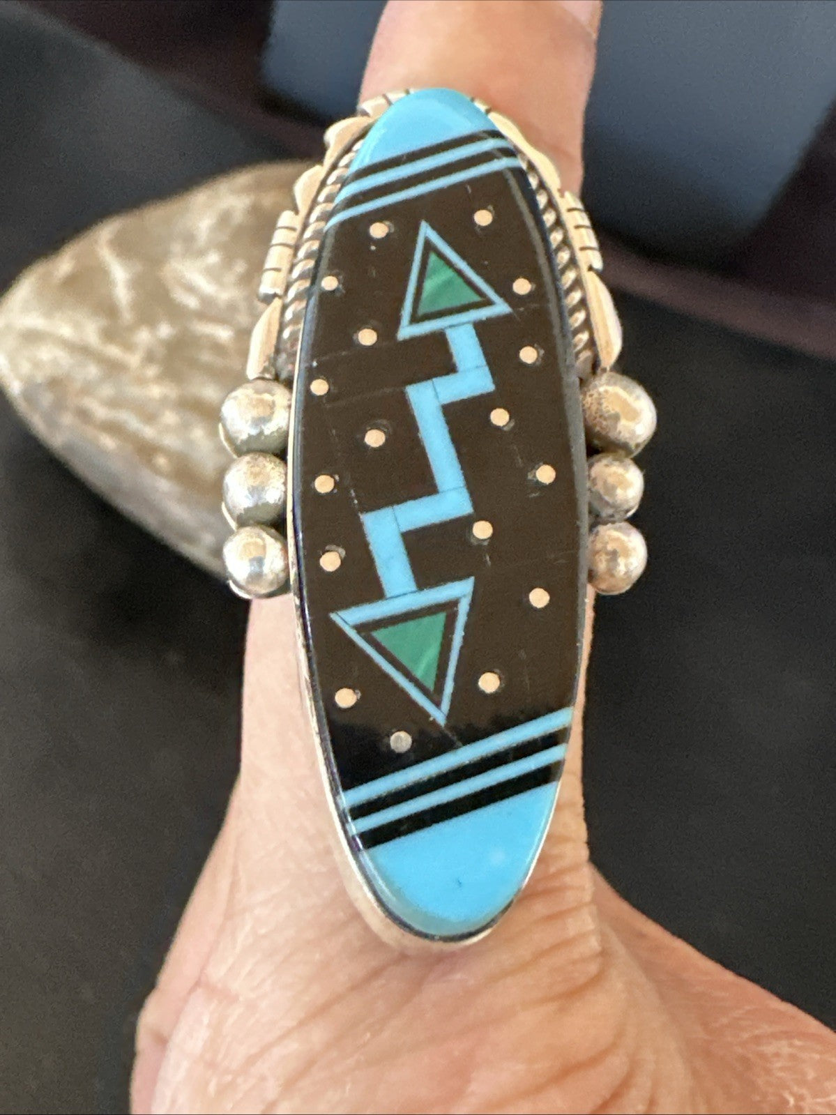 Cosmic Inlay Black Onyx Blue Turquoise Navajo Sterling Silver Ring Sz 9.5 19790
