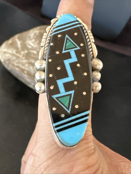 Cosmic Inlay Black Onyx Blue Turquoise Navajo Sterling Silver Ring Sz 9.5 19790