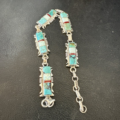 A Womens Blue Turquoise Opal Navajo Sterling Silver Link Bracelet 9" 19791